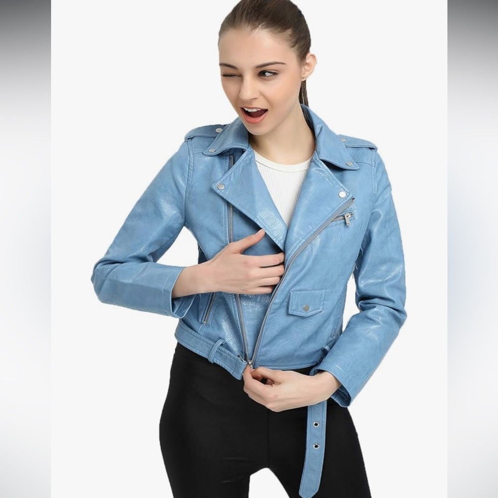 Faux Leather Jacket, Light Blue, XL